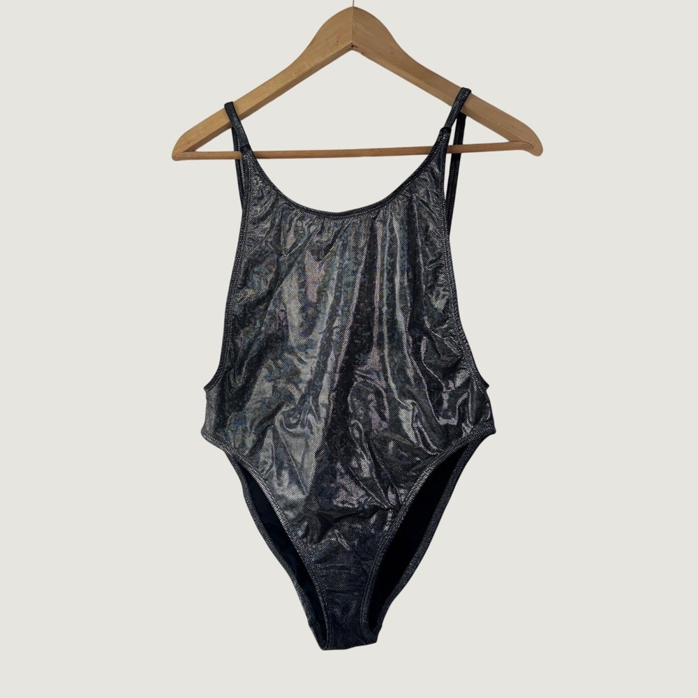Dippin Daisys One Piece Swimsuit Sz M Silver Holographic High Cut‎ Rave Bodysuit